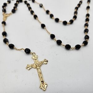 NEW 14K Gold Black Glass Beaded Rosary Necklace 28"